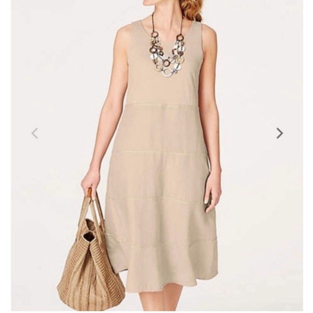 J. Jill Flax Linen Sleeveless Tiered Midi Dress Pockets Boho Sz M NEW Beige